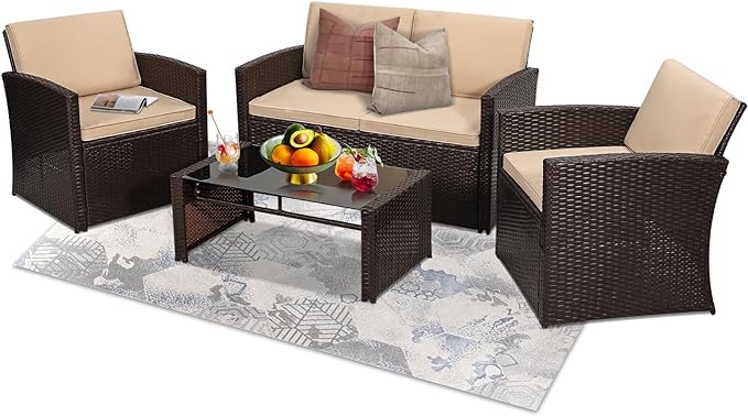 4-Piece Patio Furniture Set, Wicker Outdoor Rattan Sectional Sofa with Cushions and Glass Table, All-Weather Outdoor Conversation Set, Ideal for Garden, Porch, Backyard, Beige