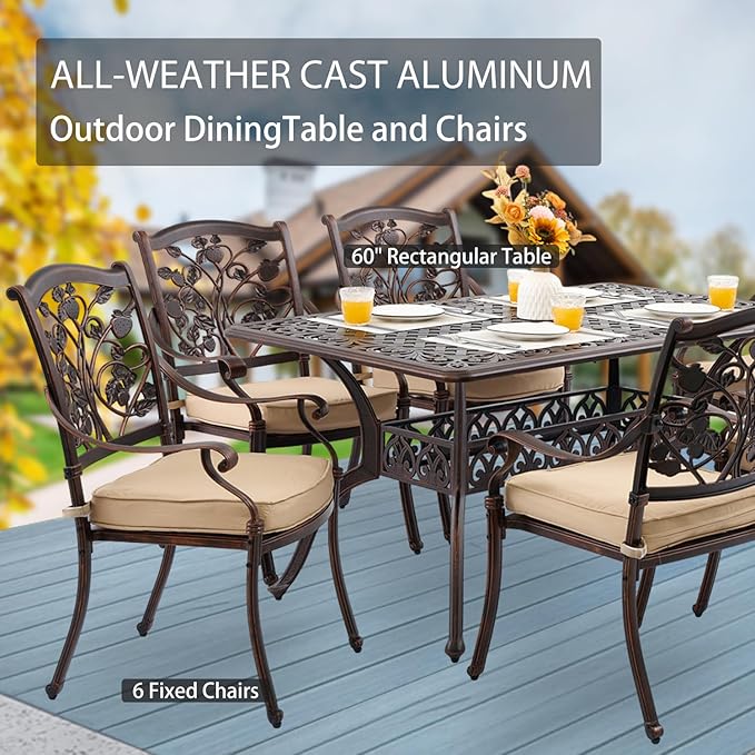 7-Piece Cast Aluminum Patio Furniture, Patio Dining Set for 6 Include 59" Rectangular Outdoor Dining Table and 6 Stackable Chairs with Cushions & Umbrella Hole (Copper Red)