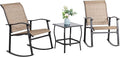 Vongrasig 3 Piece Outdoor Rocking Bistro Set, Textilene Fabric Small Patio Furniture Set, Front Porch Rocker Chairs Conversation Set with Glass Table for Lawn, Garden, Balcony, Poolside (Brown)