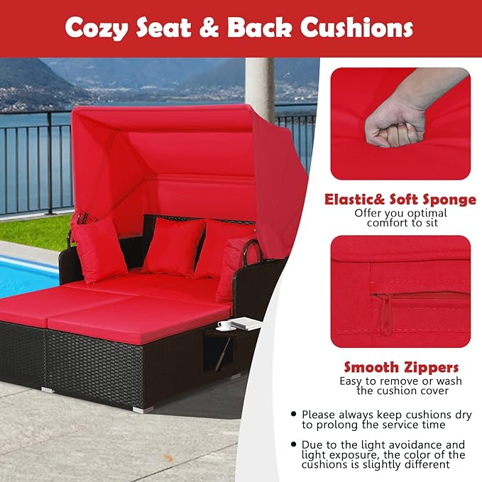 Tangkula Patio Rattan Daybed with Retractable Canopy, Outdoor Wicker Sunbed Lounger with 2 Foldable Side Tables, Thick Seat & Back Cushions, Outside Double Daybed for Garden, Backyard, Porch, Red
