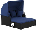 Tangkula Patio Rattan Daybed with Retractable Canopy, Outdoor Wicker Sunbed Lounger with 2 Foldable Side Tables, Thick Seat & Back Cushions, Outside Double Daybed for Garden, Backyard, Porch, Navy