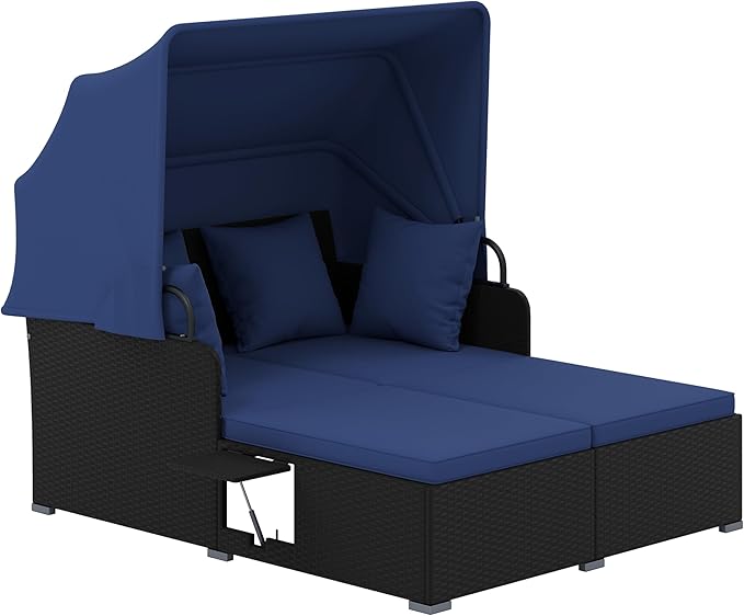 Tangkula Patio Rattan Daybed with Retractable Canopy, Outdoor Wicker Sunbed Lounger with 2 Foldable Side Tables, Thick Seat & Back Cushions, Outside Double Daybed for Garden, Backyard, Porch, Navy