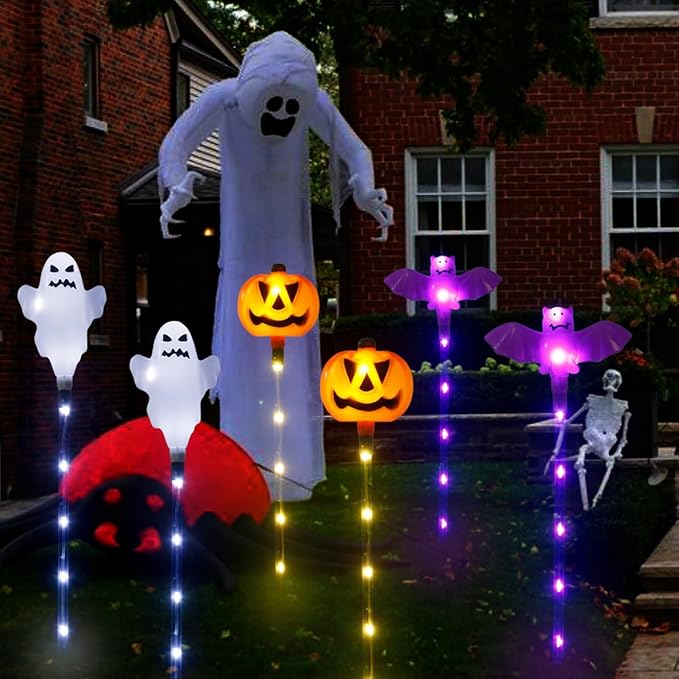 Halloween Decorations Outdoor Solar Pumpkin Bat Ghost Garden Stake Lights, 6-Pack 8 Modes Solar Halloween Lights Waterproof for Outside Home Patio Yard Pathway Grave Lawn Porch Party Decor