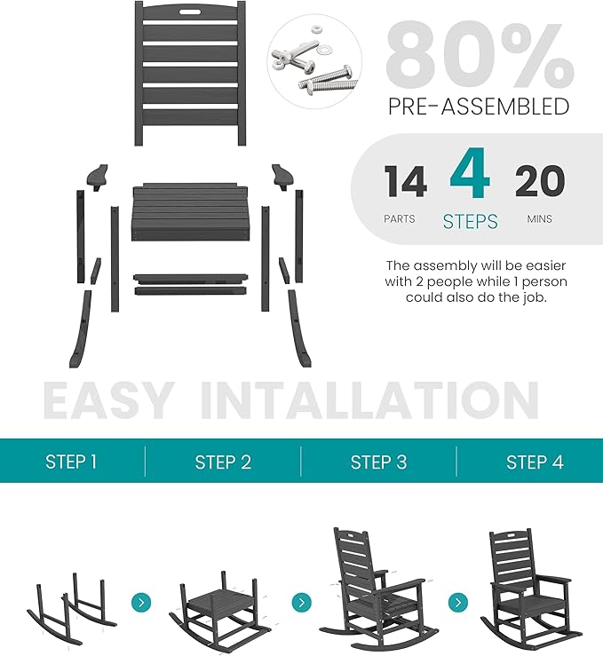 SERWALL Outdoor Rocking Chair Set of 2, Oversized Rocking Chair with Footboard for Adults, HDPE All Weather Resistant Rocking Chairs for Patio, 350lbs Weight Capacity, Gray