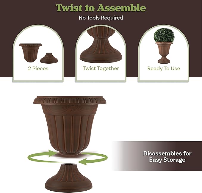 Outdoor Planter 2-Pack - 16x18-Inch Urn Planters - Plastic Plant Pots for Indoor, Outdoor, or Front Porch Decor - Flower Pots by Pure Garden (Brown)