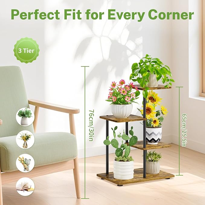 iDavosic.ly 3 Tier Plant Stand Indoor, Tiered Corner Metal Wood Multiple Flower Holder Shelf, 25 Inch Tall Orchid Display Rack for Patio Porch Living Room Balcony Outdoor, Modern Black & Rustic Brown