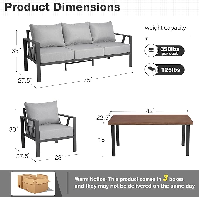 Outdoor Patio Furniture Set, 4 Pieces Metal Patio Furniture Set with Coffee Table, Modern Outdoor Patio Conversation Seating Set with 6” Thick Cushions, Light Grey