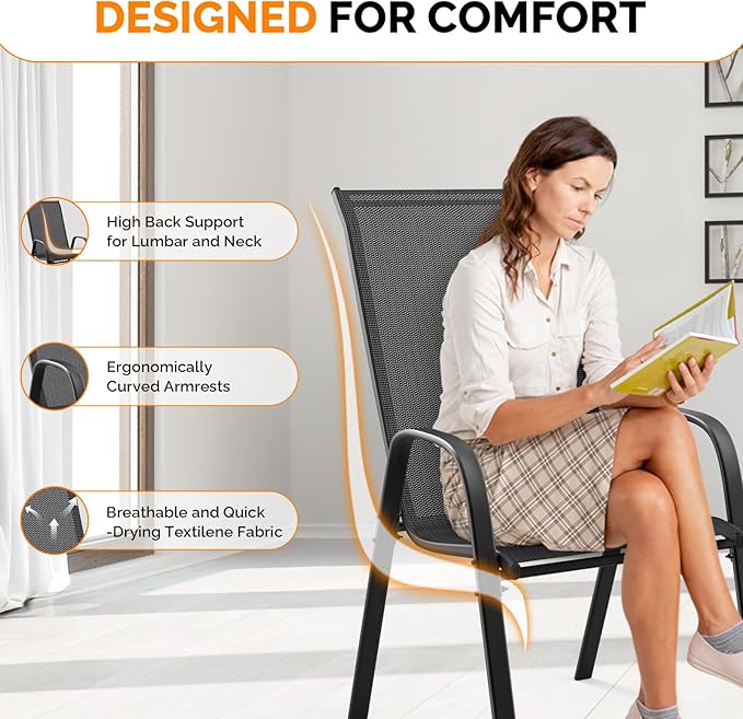 VINGLI 4 Pack Stackable Outdoor Bar Chairs – High Back Sling Chairs with Armrests, Ideal for Lawn, Courtyard, Bar, Black