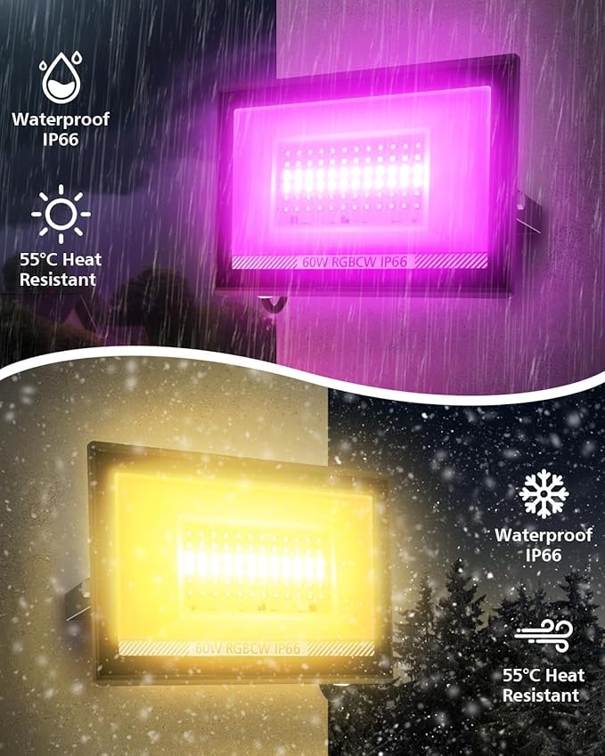 T-SUN Christmas Led Flood Light 60W, Outdoor Waterproof Color Changing Uplight for Stage Landscape Party, RGBW Dimmable Smart Floodlights 16 Million Colors&Timing& Music Sync, US Plug (4 Pack)