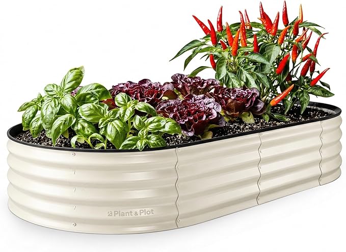 Plant & Plot Galvanized Raised Garden Beds Outdoor // 6×3×1 ft Planter Raised Beds for Gardening, Vegetables, Flowers // Large Metal Garden Box // Patented Tool-Free Design (White)