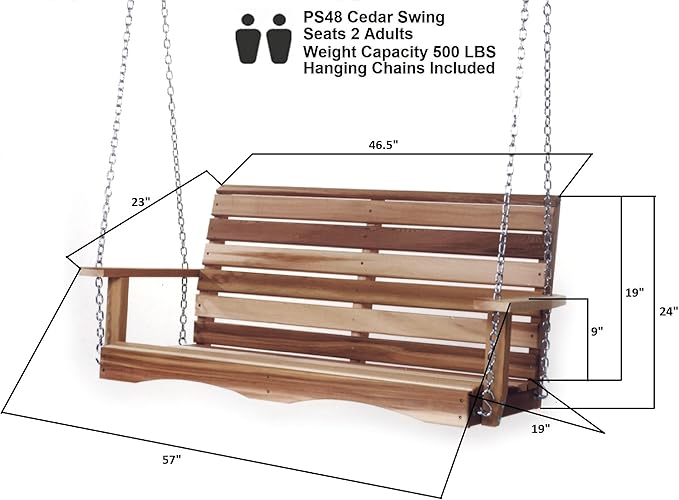 All Things Cedar PS48-SW10 Premium Porch Swing | 4-Ft Outdoor Furniture & Patio Swing | Handcrafted Western Red Cedar | Comfort Springs, Easy Assembly, Sustainable Outdoor Bench 57x23x24