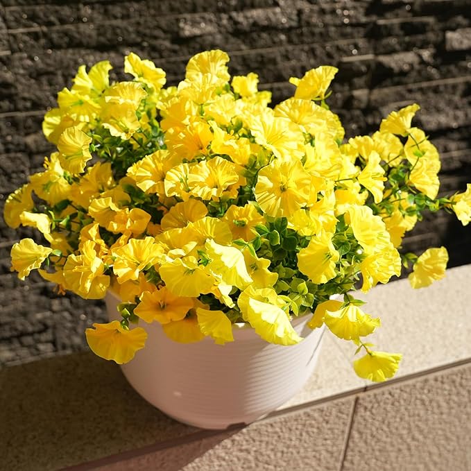 Artificial Flowers for Outdoors, UV Resistant Fake Silk Morning Glory, Realistic Faux Plants for Outside Porch Patio Window Box Hanging Planter (16, Yellow)