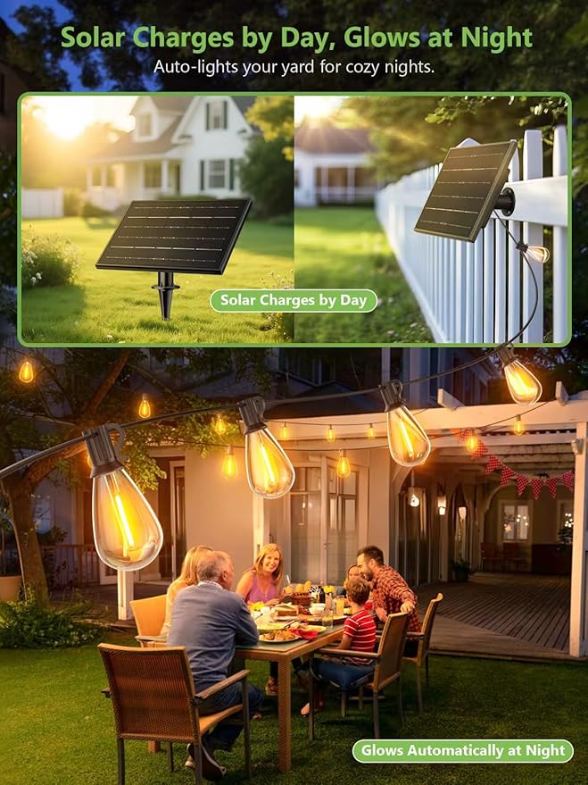luckystyle 100FT Solar String Lights Outdoor Waterproof 2200K with Remote & USB Charging, 36+2 LED Shatterproof Bulbs, Dimmable & Timable, 3 Light Modes, Long Last for Garden,Patio, Backyard, Camping