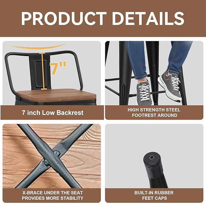 Yongchuang 24" Metal Barstools Set of 2 Counter Bar Stools with Wood Top Low Back Matte Black