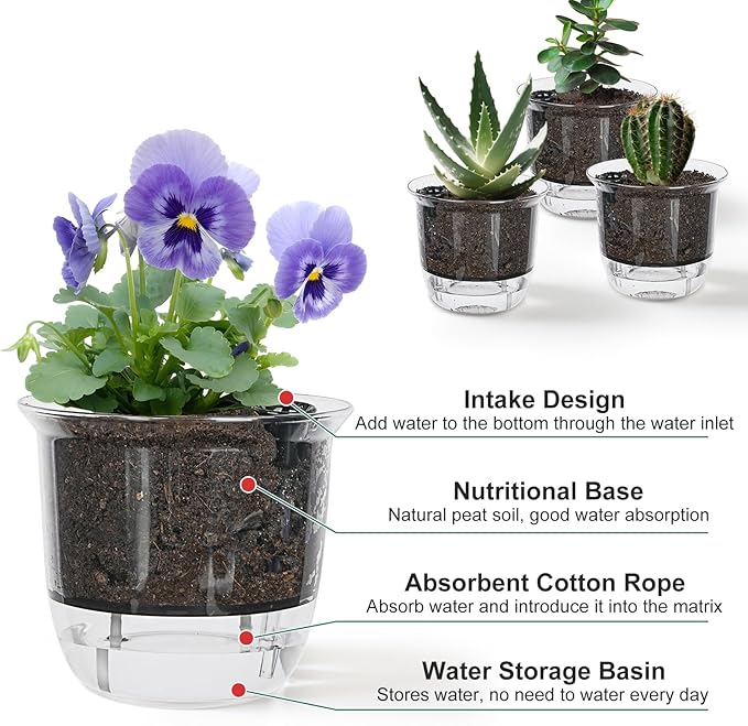 Self Watering Pots, 3 Pack 4 Inch Clear Plant Pot Self Watering Planter Flowers Pot with Deep Reservoir for Indoor Plants (3 Small)