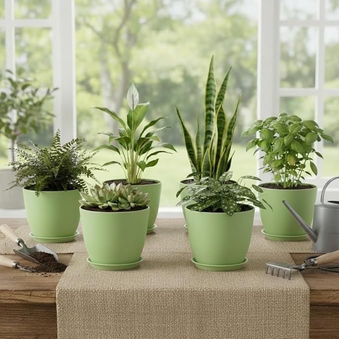 Plant Pots 8 Inch Set of 6, Flower Pots with Drainage Holes and Saucer, Plastic Garden Planters for Indoor & Outdoor Plants (Green)