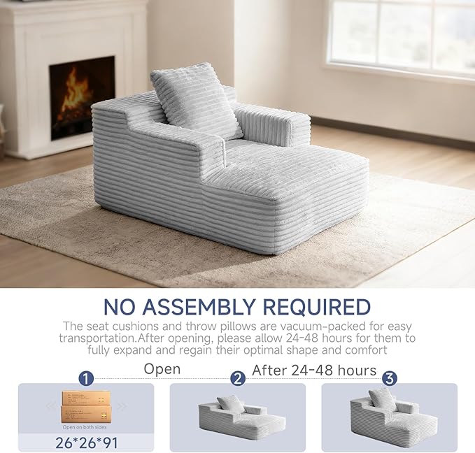 45'' Chaise Lounge Chair Indoor, Corduroy Upholstered Boneless Sofa Bed, Deep Seat Sleeper Couch Reading Chairs, Small Comfy Cloud Sofas Couches for Living Room, Bedroom, Movie Room (LightGray)