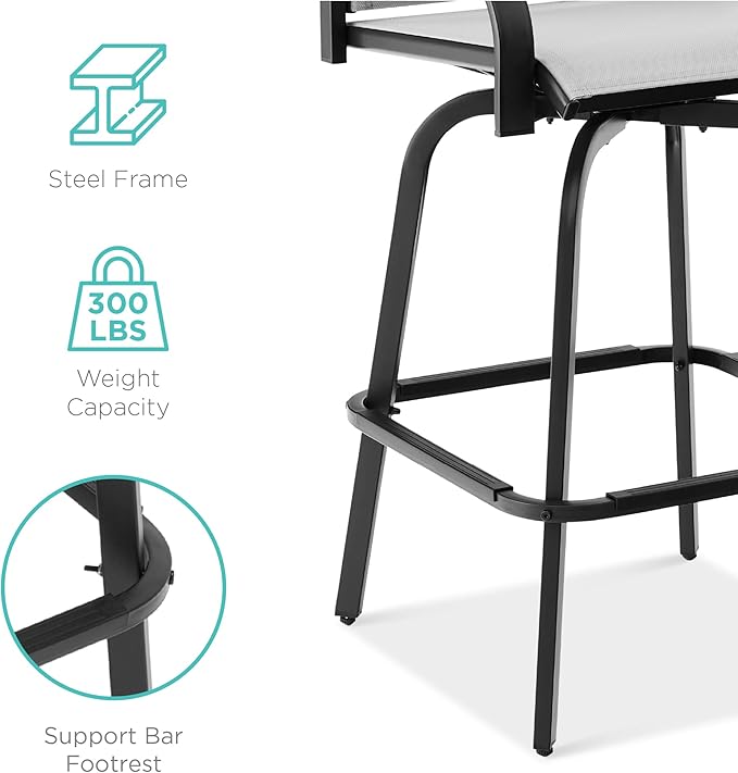 Best Choice Products Set of 2 Swivel Barstools, Bar Height Outdoor Chairs, 360 Rotating Patio Bar Stools w/All-Weather Mesh, 300lb Capacity - Gray