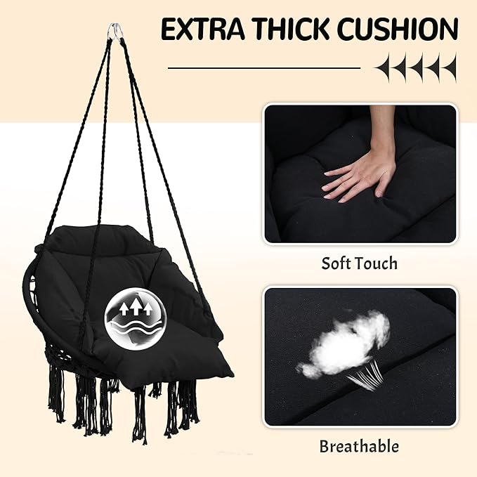 Macrame Hammock Hanging Swinging Chair with Oversized Cushion, Perfect for Bedroom, Porch, Kids, Adults, Balcony, Black