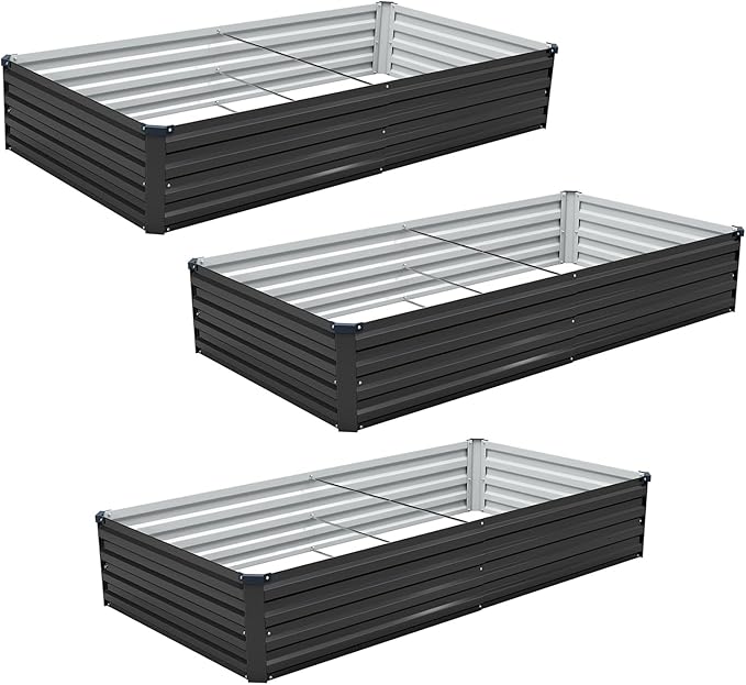 3 Pack 6x3x1FT Galvanized Raised Garden Bed Kit, Outdoor Metal Planter Box for Vegetables, Bottomless Rectangular Gardening Bed with Support Rods, Tool-Free Assembly, Black