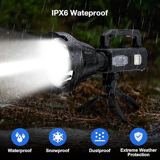 Solar Rechargeable Spotlight 3,000,000L High Lumens, Super Bright Led Spot Lights Outdoor Handheld Long Range Flashlight with 6 Modes, 3 Colored Filters, Tripod, USB C for Fishing Boating