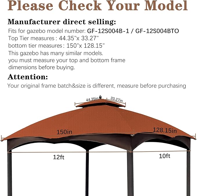 Ripstop Rust Red Ripstop Replacement Top for Lowe's Allen Roth 10X12 Gazebo Model #GF-12S004B-1/ GF-12S004BTO