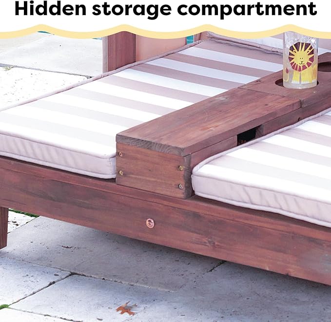 KidKraft Wooden Outdoor Double Chaise Lounge with Cup Holders, Patio Furniture for Kids or Pets, Espresso with Oatmeal and White Striped Fabric