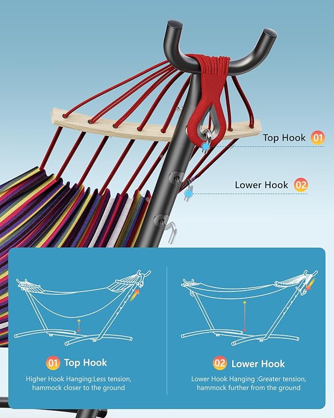 Double Hammock with Heavy-Duty Steel Stand,Portable,Easy Assembly,600lbs Weight Capacity,Perfect for Indoor,Yard,Camping,or Outdoor-Rainbow