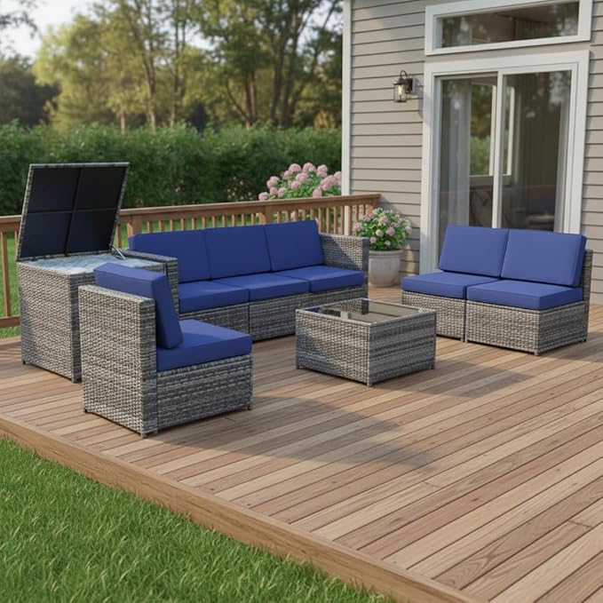 Tangkula 8 Pieces Wicker Patio Furniture Set with Storage Deck Box, PE Rattan Outdoor Sectional Sofa Conversation Set with Coffee Table & Cushions, Outside Furniture for Garden Yard Poolside (Navy)
