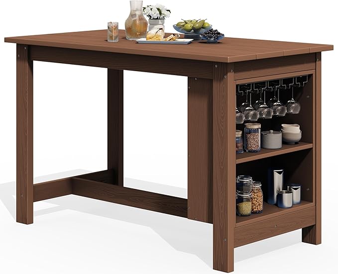 SERWALL Outdoor Bar Table, All Weather HDPE 36" Counter Height Dining Table with Storage and Wine Rack for Patio, Garden, Backyard, Balcony, Poolside, Brown