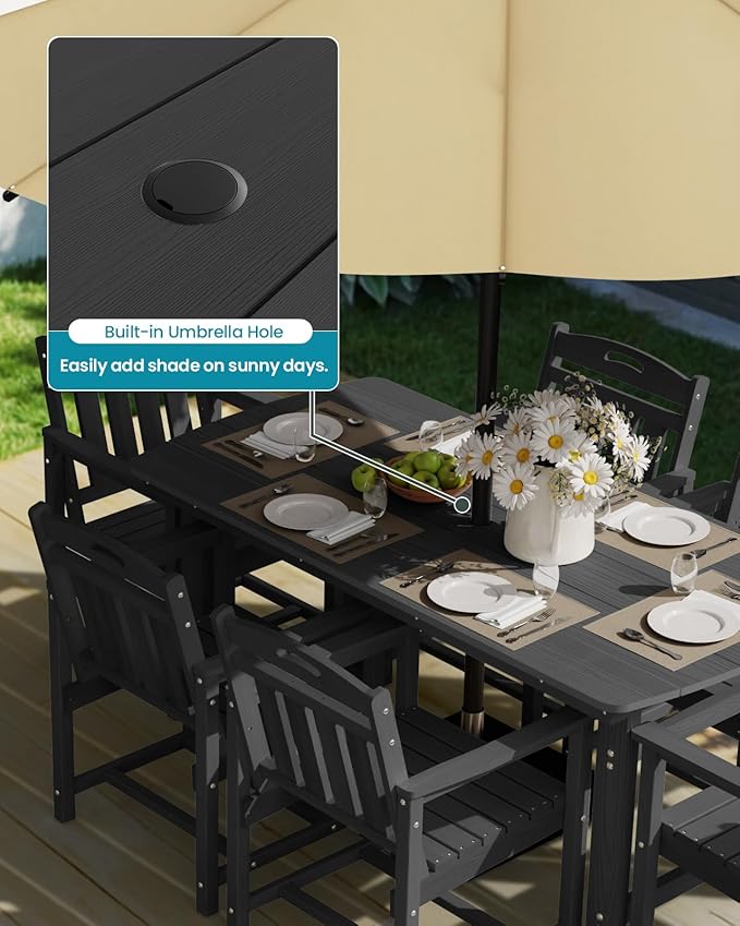 Ciokea HDPE Outdoor Dining Table with Umbrella Hole,66" Rectangle Patio Table for 6,All-Weather Outdoor Patio Furniture Set for Garden Backyard,Black
