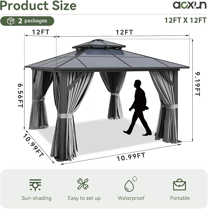 Aoxun 12'x12' Hardtop Gazebo, Aluminum Frame Permanent Pavilion with Curtains and Netting, Outdoor Polycarbonate Double Roof Canopy, Designed for Garden, Lawns, Patio, Gray