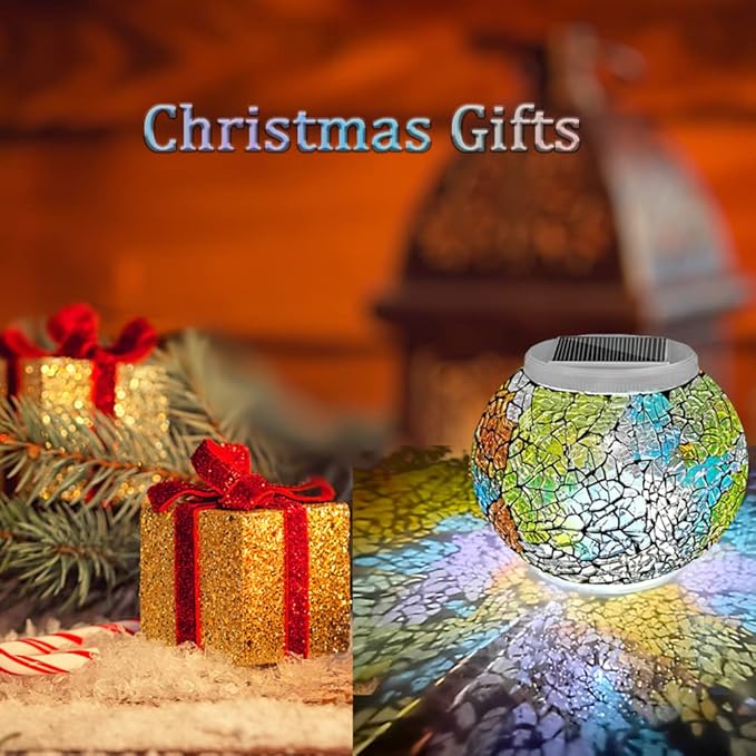 Aukora Color Changing Solar Powered Glass Ball Garden Lights, Solar Lantern Outdoor Table Lights Waterproof Led Night Light for Garden Patio Party Yard Indoor Decora Ideal Gift(Multi-Colored Glass)