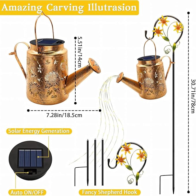 Solar Lanterns Outdoor, Sunflower Watering Can lights, Waterproof Hanging Lanterns Solar Path Lights Outside Yard Patio Gardren Decor, Gardening Christmas Gift for Mom Grandma Women with Shepherd Hook