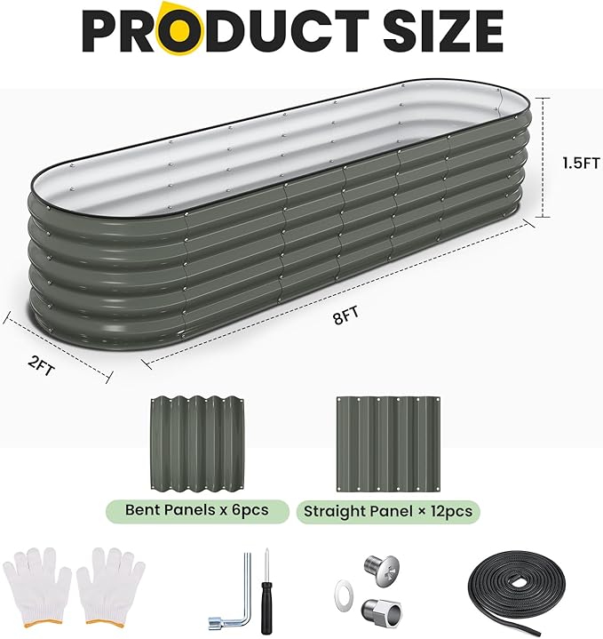 Galvanized Raised Garden Bed 8x2x1.5 FT, Oval Metal Raised Garden Bed Outdoor Planter Box with Open Bottom, Rust-Resistant Steel Garden Bed for Vegetables Herbs Flowers, Easy Assembly