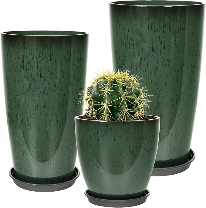 24/21/12 Inch Large Plastic Planter, Lightweight Ceramic-Look Tall Planters with Drain Hole & Saucers, Tall Plastic Planters for Porch, Garden, Patio, Balcony(Dark Green)