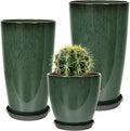 24/21/12 Inch Large Plastic Planter, Lightweight Ceramic-Look Tall Planters with Drain Hole & Saucers, Tall Plastic Planters for Porch, Garden, Patio, Balcony(Dark Green)