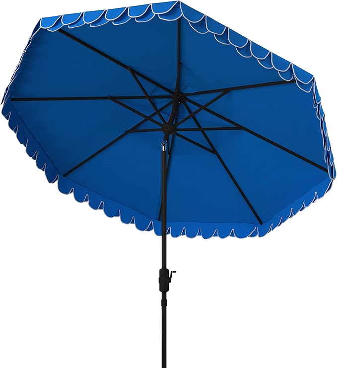SAFAVIEH 9ft Outdoor Patio Umbrella, Round, Valance, Pacific Blue & White Trim, Auto Crank Tilt, UV Resistant for Deck, Backyard, Poolside (PAT8006P)