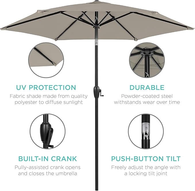 Best Choice Products 7.5ft Heavy-Duty Round Outdoor Market Table Patio Umbrella w/Steel Pole, Push Button Tilt, Easy Crank Lift - Beige