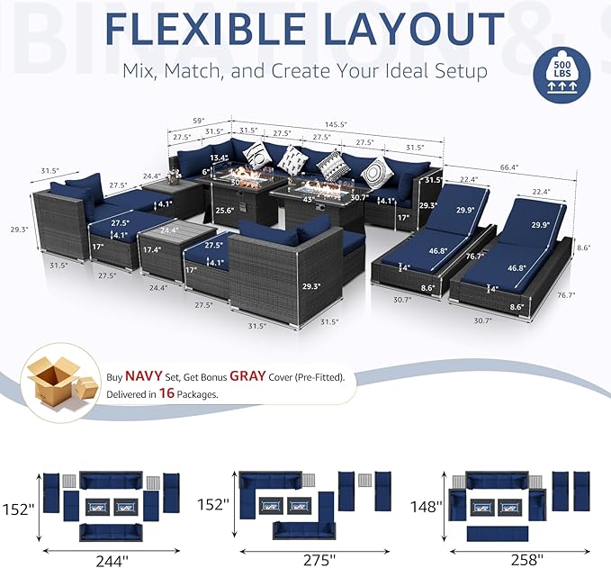 NICESOUL 18 Piece Patio Furniture Set with Fire Pit Table and Chaise, 29.3'' High Back Outdoor Wicker Couch Sets with Firepit and Lounger, 500 lbs Heavy Duty 14-Seat Outdoor Sectional, Gray & Navy