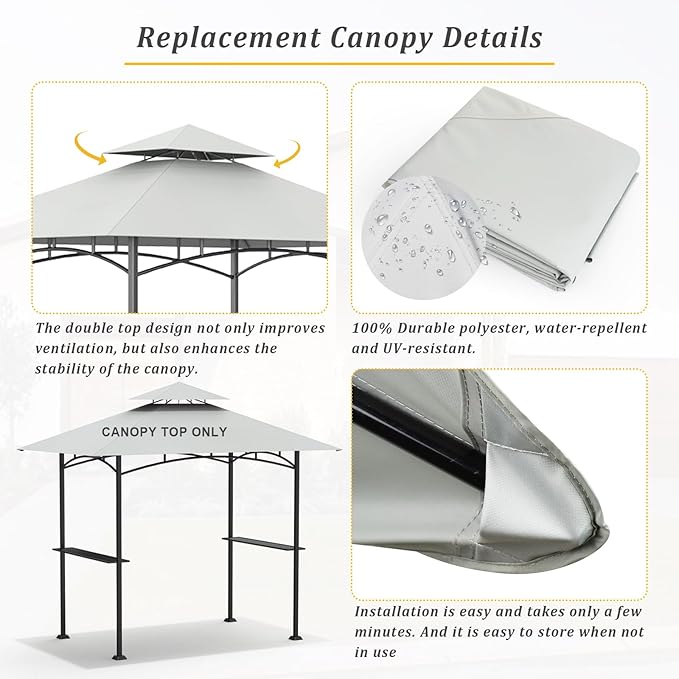 Grill Gazebo Replacement Canopy Top - AONEAR 5'x8' Outdoor BBQ Tent Roof Cover Double Tiered Outdoor Grill Shelter Fit for Model L-GG001PST-F (Gray)