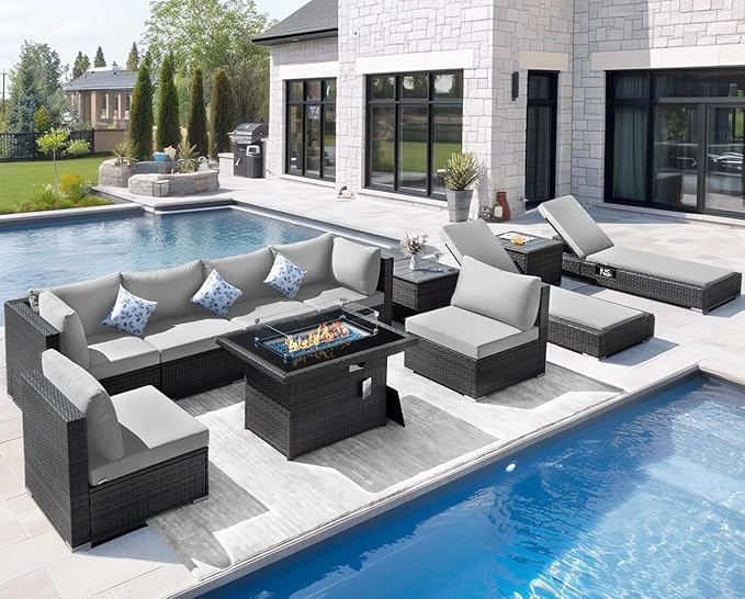 NICESOUL 11 Piece Outdoor Patio Furniture Set with Fire Pit Natural Gas/Propane, 29.3'' High Back Comfy Wicker Patio Sectional with Firepit & Chaise Lounge, 8 Seats Big Deep Couch for Backyard, Grey