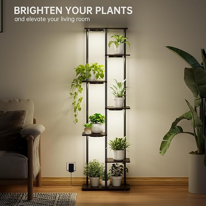 Bstrip Plant Stand Indoor with Grow Lights, 7-Tier Flower Rack, 5-Pack Full Spectrum Lights with Timer, Corner Plant Stand for Indoor Plants, 53" Tall Rectangular Stand for Living Room