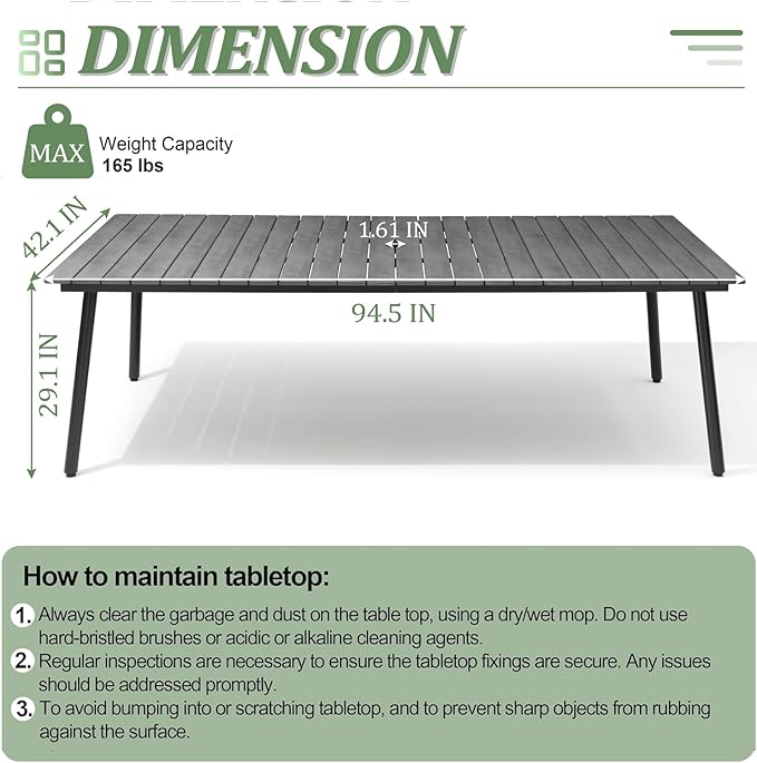 95" Patio Outdoor Dining Table for 8-10, Weather-Resistant Aluminum Frame with Wood-Grain Top & Umbrella Hole for Deck Gatherings, Grey