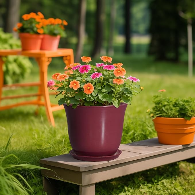 Ceramic Plant Pots - 10 Inch Plant Pot with Drainage Hole and Saucer, Round Planter for Indoor Outdoor, Modern Decorative Large Flower Pots, Home Room Garden Decor, Plants Lovers Gifts, Red