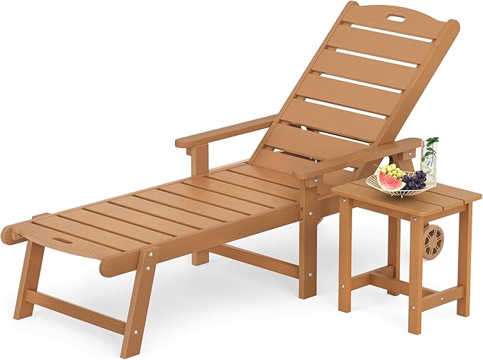 LUE BONA Chaise Lounge Chair with Table, 2-Piece, HDPS Chaise Lounger, 5 Positions Adjustable Lounge Chairs, Pool Lounge Chair with Wheels for Poolside, Backyard, Teak Color