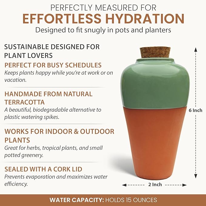 Terracotta Self Watering Planter Insert - Set of 4 Clay Ollas with Slim Bottom for Easy Soil Insertion, Glazed Top, Slow-Release Plant Watering System for Indoor & Outdoor Plants