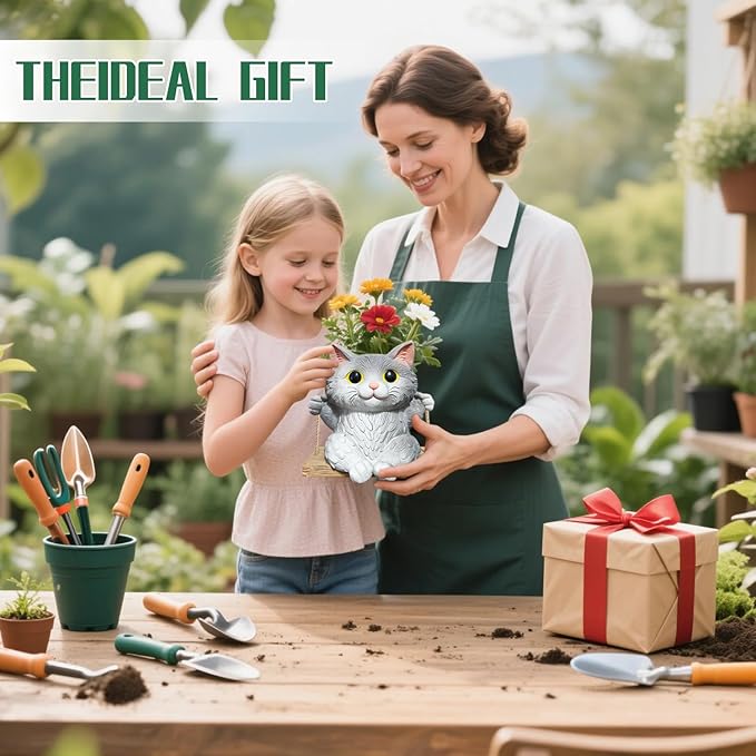 Cat Hanging Planters for Indoor Outdoor Plants, Small Cute Hanging Pots for Succulent, String of Pearls Plant, Resin Hanging Flower Pots with Drainage Hole, Unique Gift, Garden Home Decor