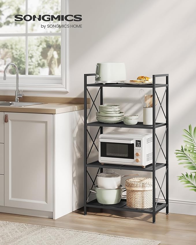 SONGMICS 4-Tier Metal Storage Rack, Shelving Unit with X Side Frames, Dense Mesh, 12.6 x 23.6 x 44.3 Inches, for Entryway, Kitchen, Living Room, Bathroom, Industrial Style, Ink Black UBSC164B01
