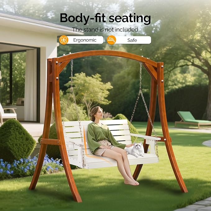 VINGLI Heavy Duty 1600 LBS HDPE Porch Swing Outdoor with Rotatable Cup Holder, 4 FT Patio Bench Swing with Adjustable Chains, 2 Person Hanging Porch Swing Chair for Porch, Yard, Tree, Garden - White
